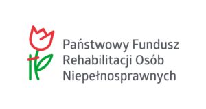 Czerwony tulipan z zieloną łodygą i liściem wsparty zieloną podporą i połączony czerwoną linią z tulipanem- logo Państwowego Funduszu Rehabilitacji Osób Niepełnosprawnych