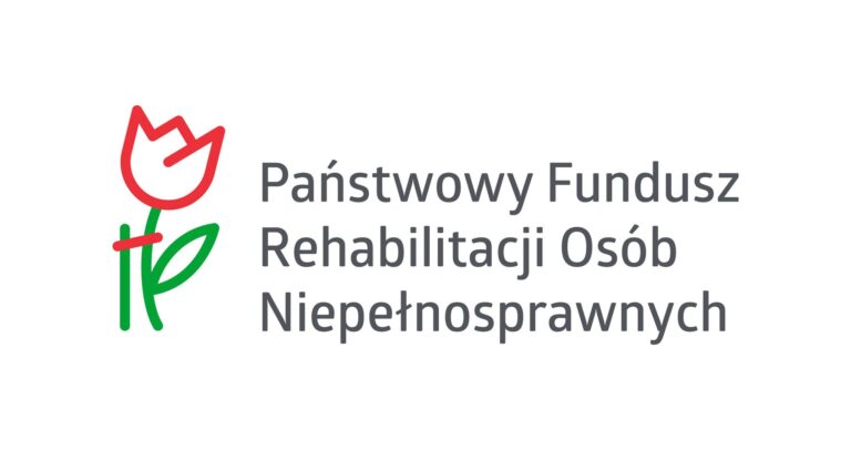 Czerwony tulipan z zieloną łodygą i liściem wsparty zieloną podporą i połączony czerwoną linią z tulipanem- logo Państwowego Funduszu Rehabilitacji Osób Niepełnosprawnych