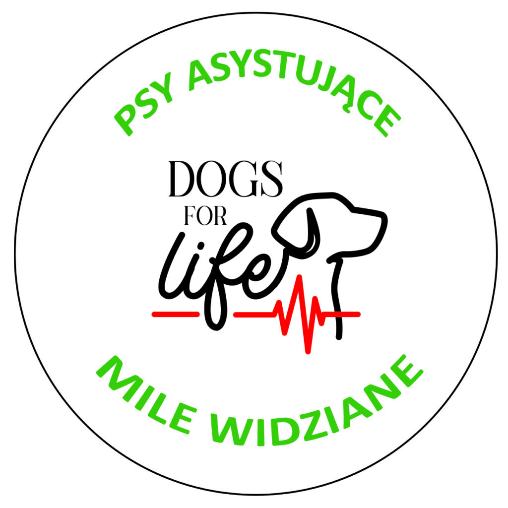Okrągła naklejka z napisem "Psy asystujące mile widziane" i logo Stowarzyszenia Dogs for Life