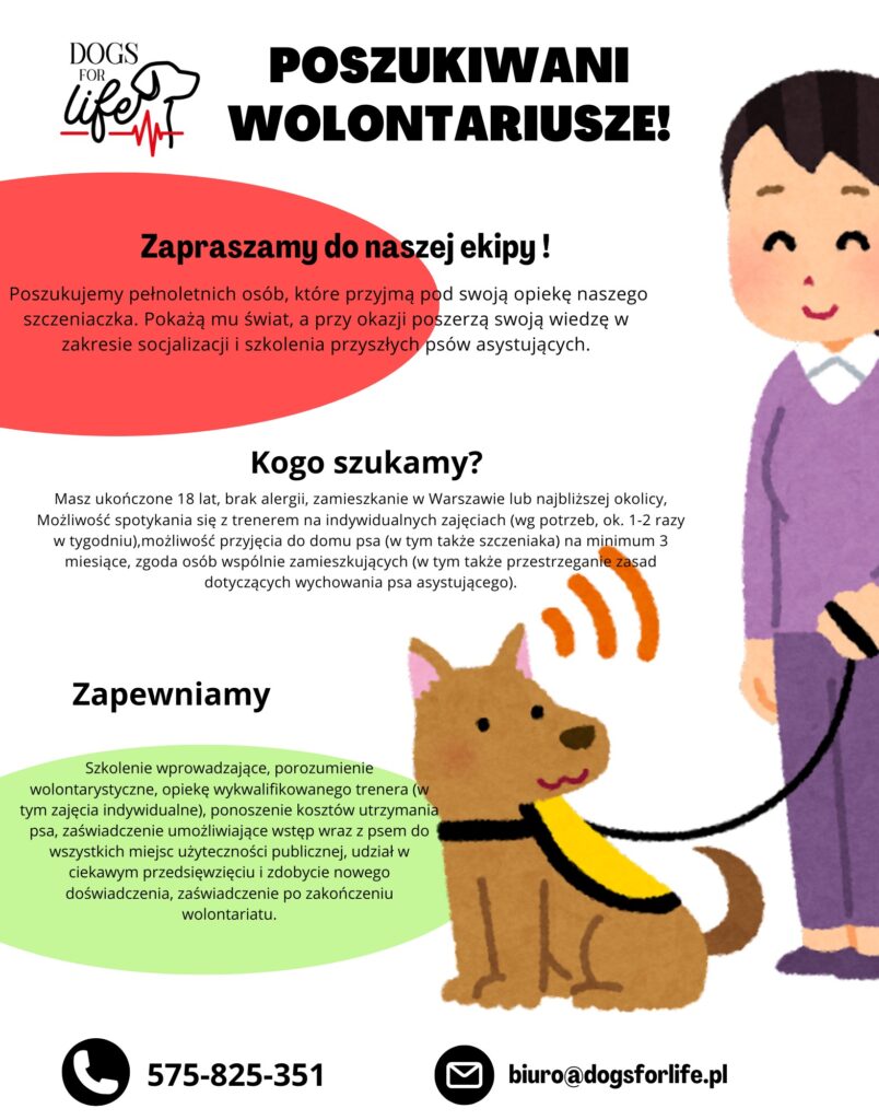 Plakat z logo Stowarzyszenia Dogs for Life Na plakacie rysunek uśmiechniętej osoby z psem asystującym na smyczy Opis plakatu: Nazwa Poszukiwani Wolontariusze! Zapraszamy do naszej ekipy! Poszukujemy pełnoletnich osób, które przyjmą pod swoją opiekę naszego szczeniaka. Pokażą mu świat, a przy okazji poszerzą swoją wiedzę w zakresie socjalizacji i szkolenia przyszłych psów asystujących. Kogo szukamy? Masz ukończone 18 lat, brak alergii, zamieszkanie w Warszawie lub w najbliższej okolicy. Możliwość spotykania się z trenerem na indywidualnych zajęciach (wg potrzeb, ok. 1-2 razy w tygodniu), możliwość przyjęcia do domu psa (w tym także szczeniaka) na minimum 3 miesiące, zgoda osób wspólnie zamieszkujących (w tym także przestrzeganie zasad dotyczących wychowania psa asystującego). Zapewniamy Szkolenie wprowadzające, porozumienie wolontarystyczne, opiekę wykwalifikowanego trenera (w tym zajęcia indywidualne), ponoszenie kosztów utrzymania psa, zaświadczenie umożliwiające wstęp do wszystkich miejsc użyteczności publicznej, udział w ciekawym przedsięwzięciu i zdobycie nowego doświadczenia, zaświadczenie po zakończeniu wolontariatu. numer telefonu 575-825-351 adres email: biuro@dogsforlife.pl